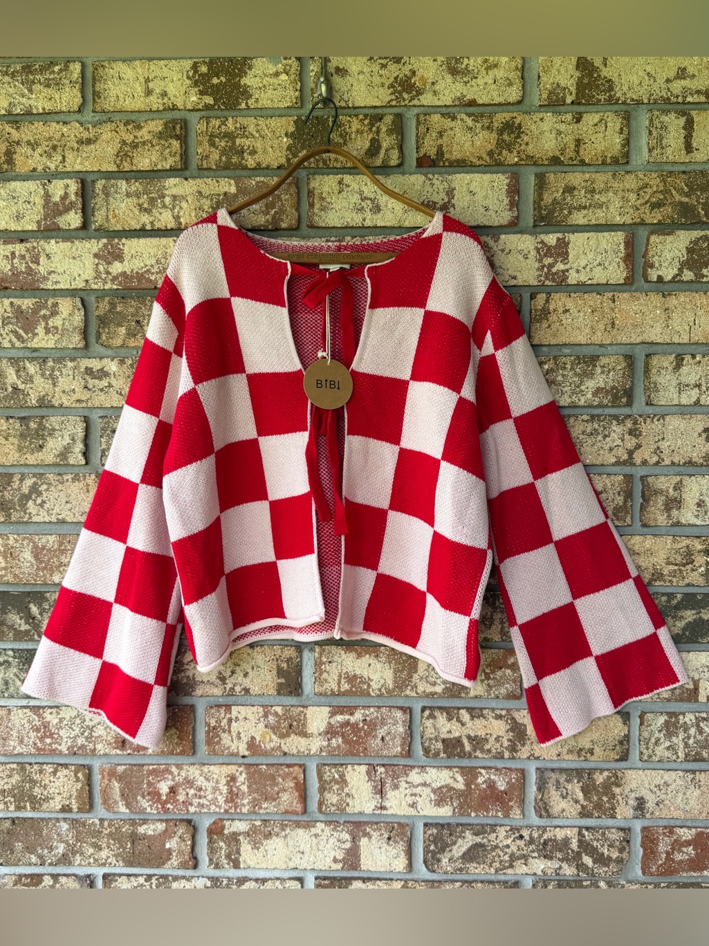 Bibi Checkered Sweater With Bow Women’s Size Large Nwt Beautiful Condition!